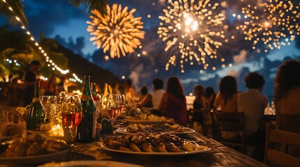 Beach party dinner with fireworks over celebrating crowd