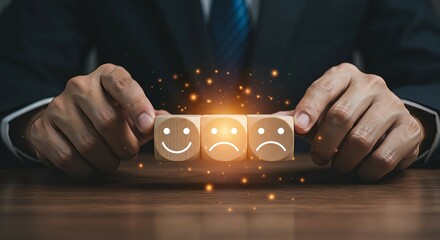 Customer Feedback & Satisfaction – Hand Flipping Happy and Sad Face Blocks