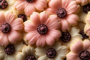 Flower-shaped cookies with delicate pink and white icing topped with a dark brown center Sweet treats for any occasion