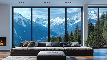 Fototapeta premium Modern living room with mountain view through large windows, cozy atmosphere