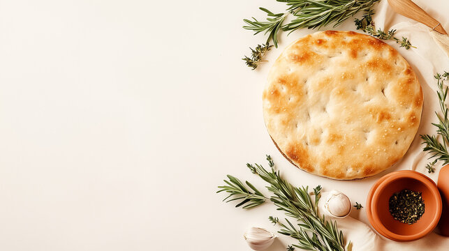 Nestled on a rustic Roman-style table, a delicate focaccia with a crusty exterior invites to taste, surrounded by clay dishes and fragrant herbs, creating a serene culinary moment