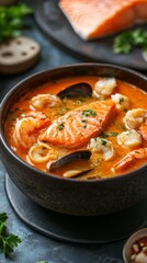 Savor the flavors of a classic French bouillabaisse, brimming with tender shrimp, succulent fish, and fresh herbs, presented in a beautifully crafted bowl