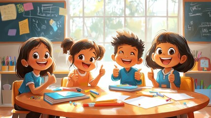 Happy Children Studying Together In Classroom