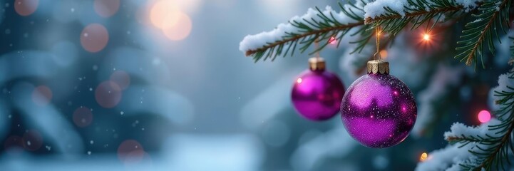 Fototapeta premium Twinkling purple ornaments hang from frosted pine branches, winter, holly, sparkle