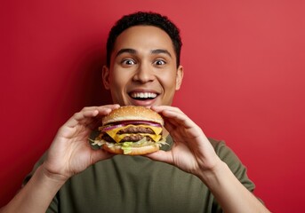 Excited man holding a delicious cheeseburger with vibrant toppings