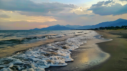 A scenic view of a beach at evening, with gentle sea waves, distant mountains, and a tranquil sunset sky.