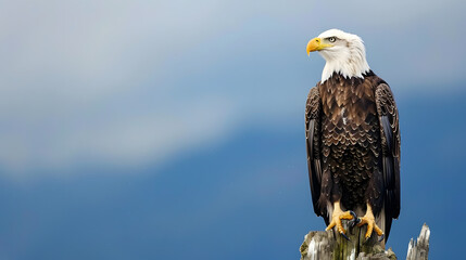 A detailed photograph of a bald eagle perched on a tree stump, captured in a dramatic and artistic style.