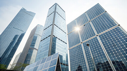 Obraz premium Sustainable energy efficiency urban skyscrapers and solar solutions