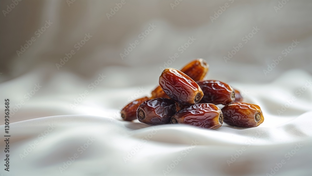 Poster dried dates arranged on a soft white fabric background with a warm and inviting atmosphere