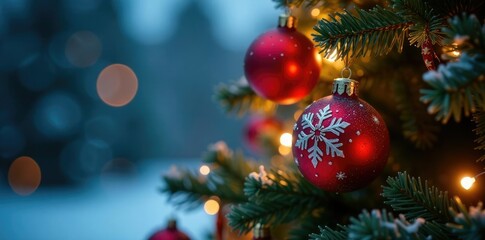 Fototapeta premium Twinkling lights and colorful ornaments adorning a festive Christmas tree, baubles, ornament, winter