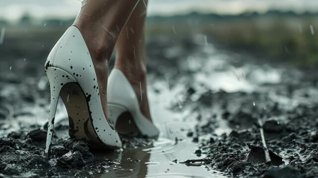Woman in white shoes stands in a puddle of water and mud. Close-up of feet