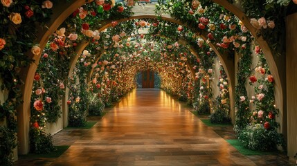 Fototapeta premium Ethereal floral passage lined with blooming vines and warm lights, perfect for a romantic escape.