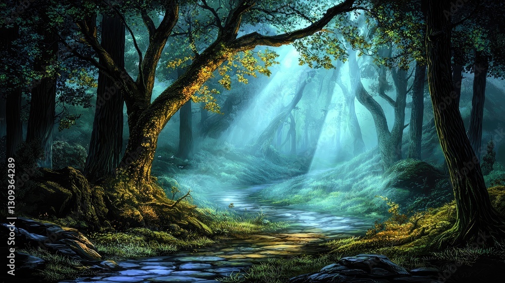 Poster ethereal mist swirls against a dark background, illuminated by soft glowing light, creating a mystic