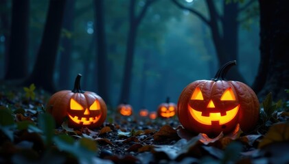 Obraz premium Twinkling Jack O lanterns in the forest darkness, shadows, foliage