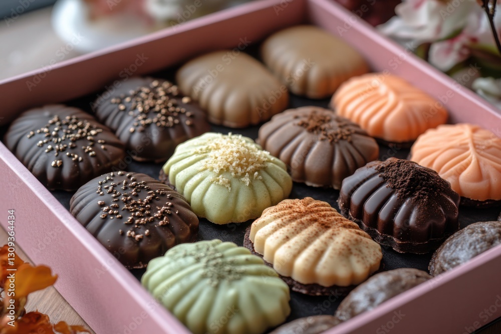 Poster assorted chocolates arranged in a pink box different colors textures and toppings create an appetizi