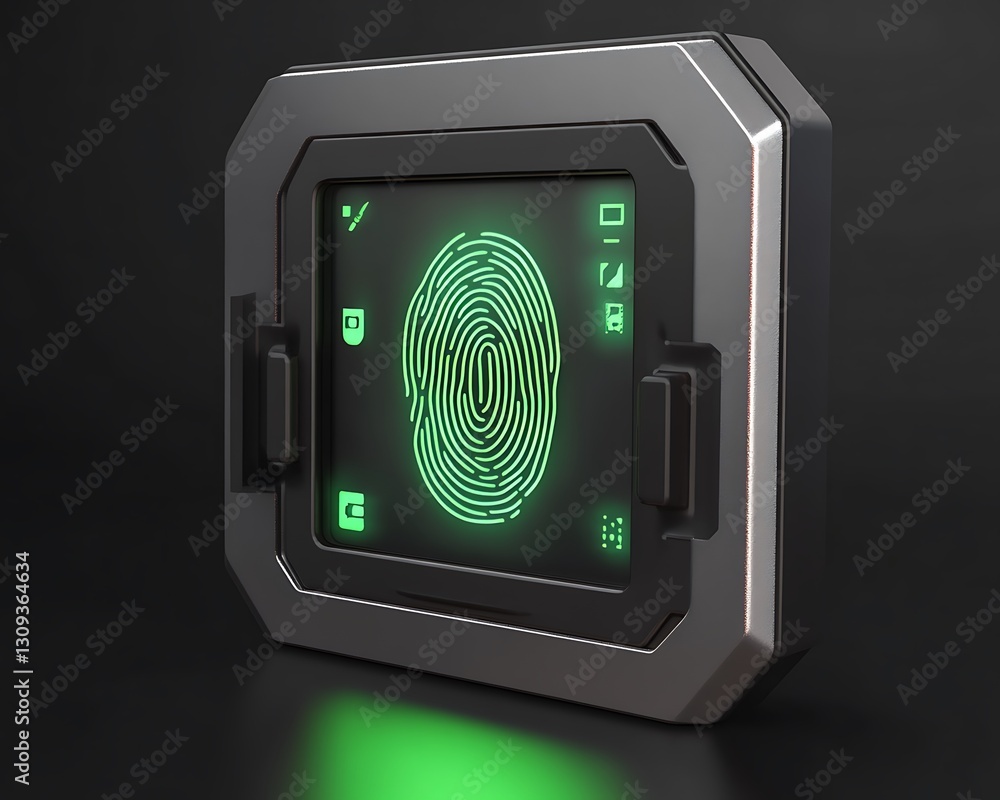 Poster a futuristic biometric fingerprint security device with glowing green display