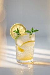 Fototapeta premium Refreshing lemon mint beverage served in a clear glass with ice cubes and lemon garnish on a sunny day