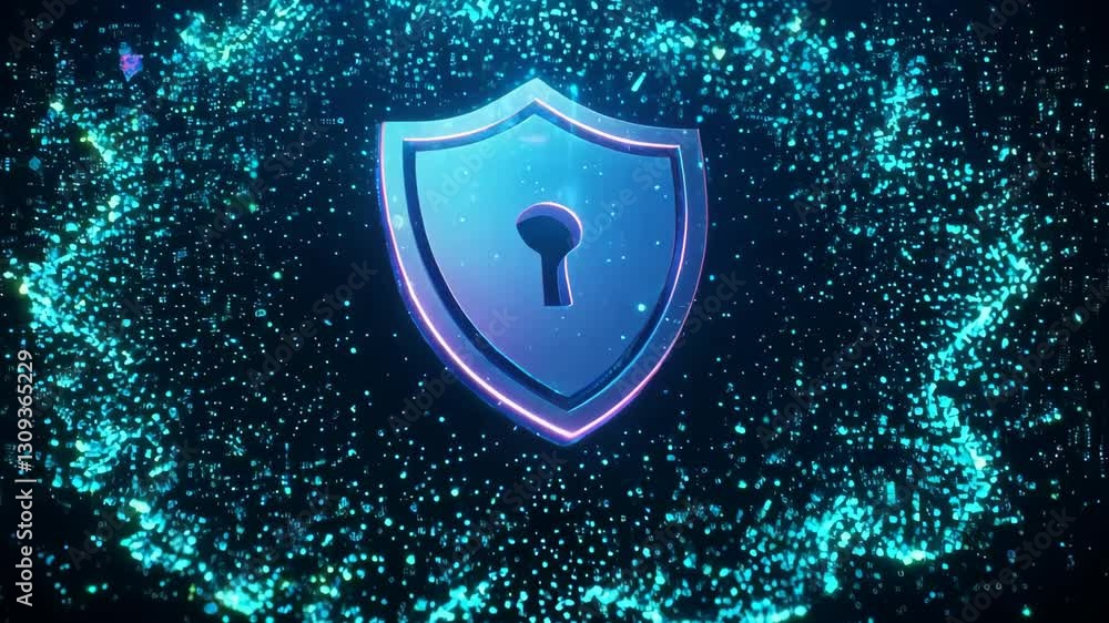 Poster cyber security shield with keyhole, digital data protection motion picture. abstract glowing particl