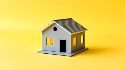 Charming gray house model on bright yellow canvas