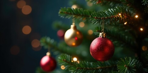 Twinkling Christmas tree ornaments hanging from a black wooden branch, christmas tree decorations, decorative lights