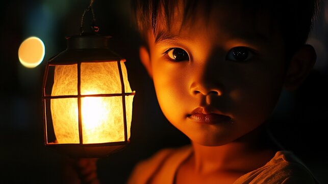 Child with lantern at night, bokeh background, potential hope/safety symbol