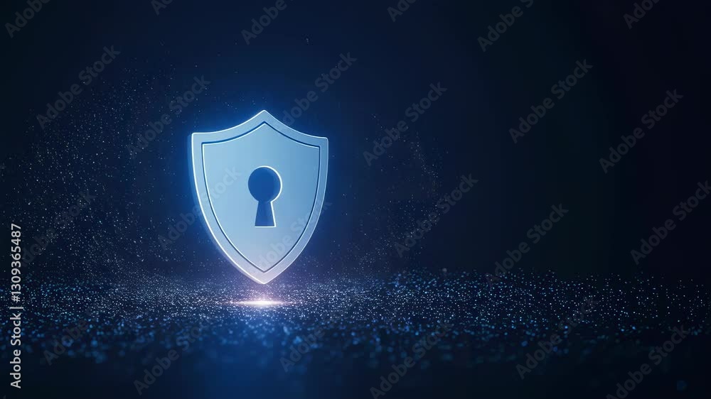 Poster glowing shield with keyhole for cyber security video. blue digital protection, data safety and priva