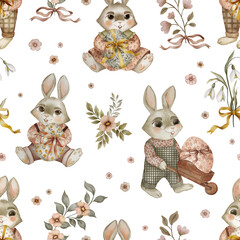 Watercolor seamless pattern with spring flowers and cute bunnies in a vintage whimsical style, featuring trendy 2025 colors. Charming and nostalgic design, perfect for textiles, packaging, wallpapers