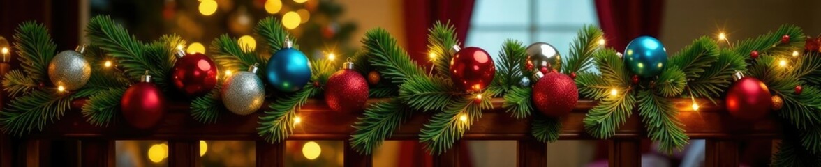 Fototapeta premium Twinkling Christmas garland with colorful baubles draped over a wooden banister, lights, wood,