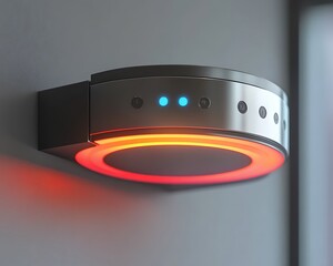 A modern wall mounted lighting fixture with multicolored glowing rings