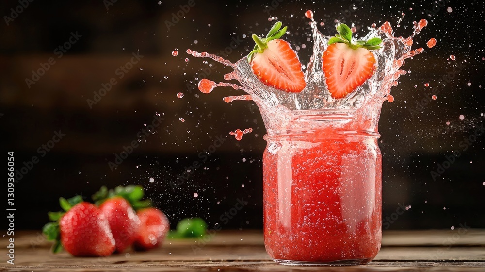 Poster fresh strawberry jam exploding out of an open jar, creating a dynamic splash.