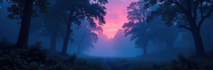 Twilight forest with misty atmosphere and dense foliage, trees, serene