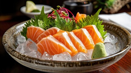 Freshly cut salmon sashimi arranged in a fan shape over ice, garnished with greens.