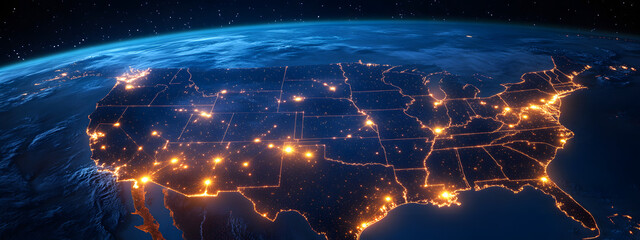 A map of the United States with glowing connections between cities, representing global connectivity
