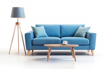 Modern orange textile sofa on isolated white background. Furniture for modern interior, minimalist design.