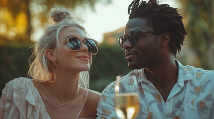 lifestyle diverse couple wine date in summer park outdoor romantic picnic casual love cheerful happiness multicultural romance glasses young people leisure together