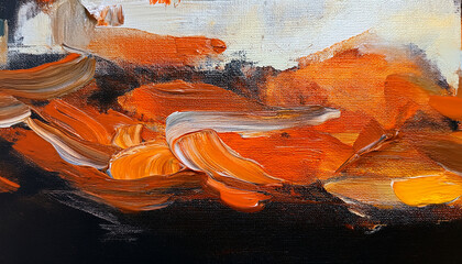 Vivid and textured abstract oil painting with bold orange accents on black. Hand drawn art. Modern design.