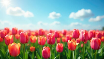 Tulip field with varying shades of light blue sky, garden, sky