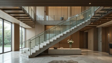 Fototapeta premium Modern Staircase, Spacious Lobby, Light-Filled Home