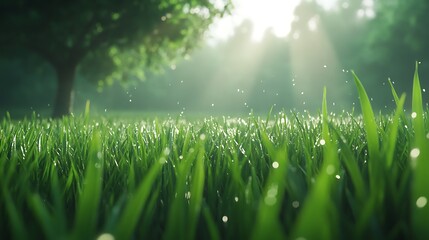 Dewy morning grass field, sunlight filtering through trees