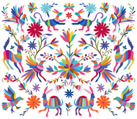 Vector Seamless Mexican Otomi Style Bright Pattern. Seamless pattern with birds and flowers on white background