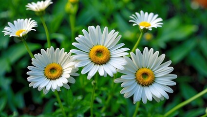 Fototapeta premium Delicate white daisies blooming in lush garden