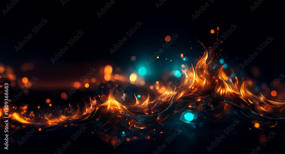 Poster abstract background with glowing blurry lights in orange and blue, resembling fire and water mixing 