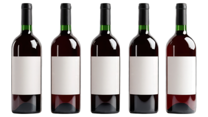 Five Red wine bottle with blank label isolated on PNG white background