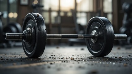 Naklejka premium Weightlifting barbell on gym floor