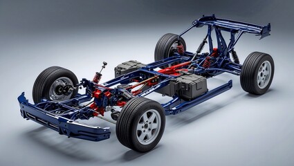 Detailed car chassis breakdown showcasing suspension and steering