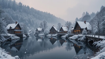 Fototapeta premium Winter Village Reflects on Calm Lake