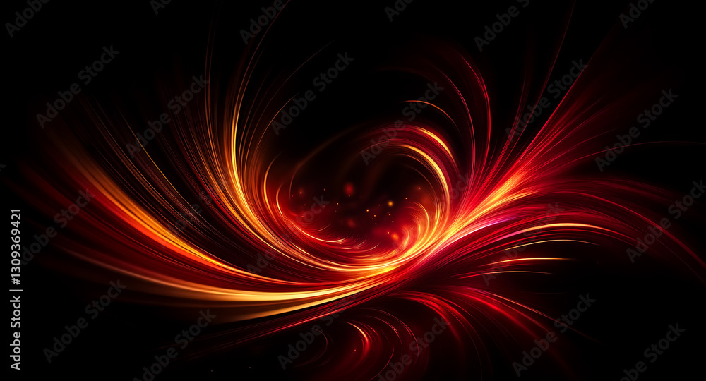 Poster abstract background with swirling red and orange light trails against a black backdrop, creating a d