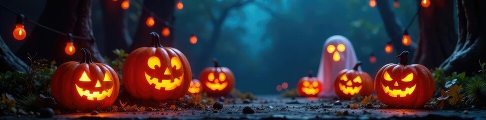 Obraz premium Spooky jack-o-lanterns and ghostly decorations on a dark background stage, Halloween, eerie