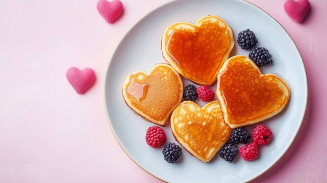 Heart Shaped Pancakes with Berries and Syrup