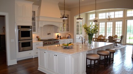 High-end kitchen design with a white marble island, stylish barstools, and ambient lighting.